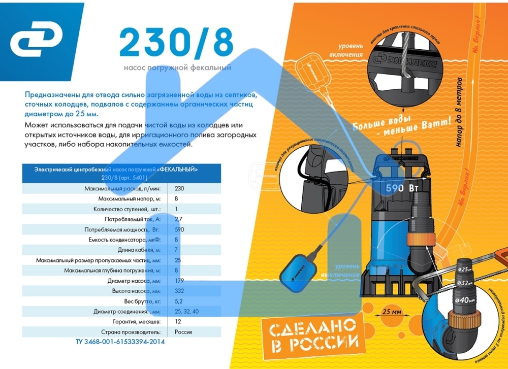 Насос погружной ФЕКАЛЬНИК 230/8, пластик