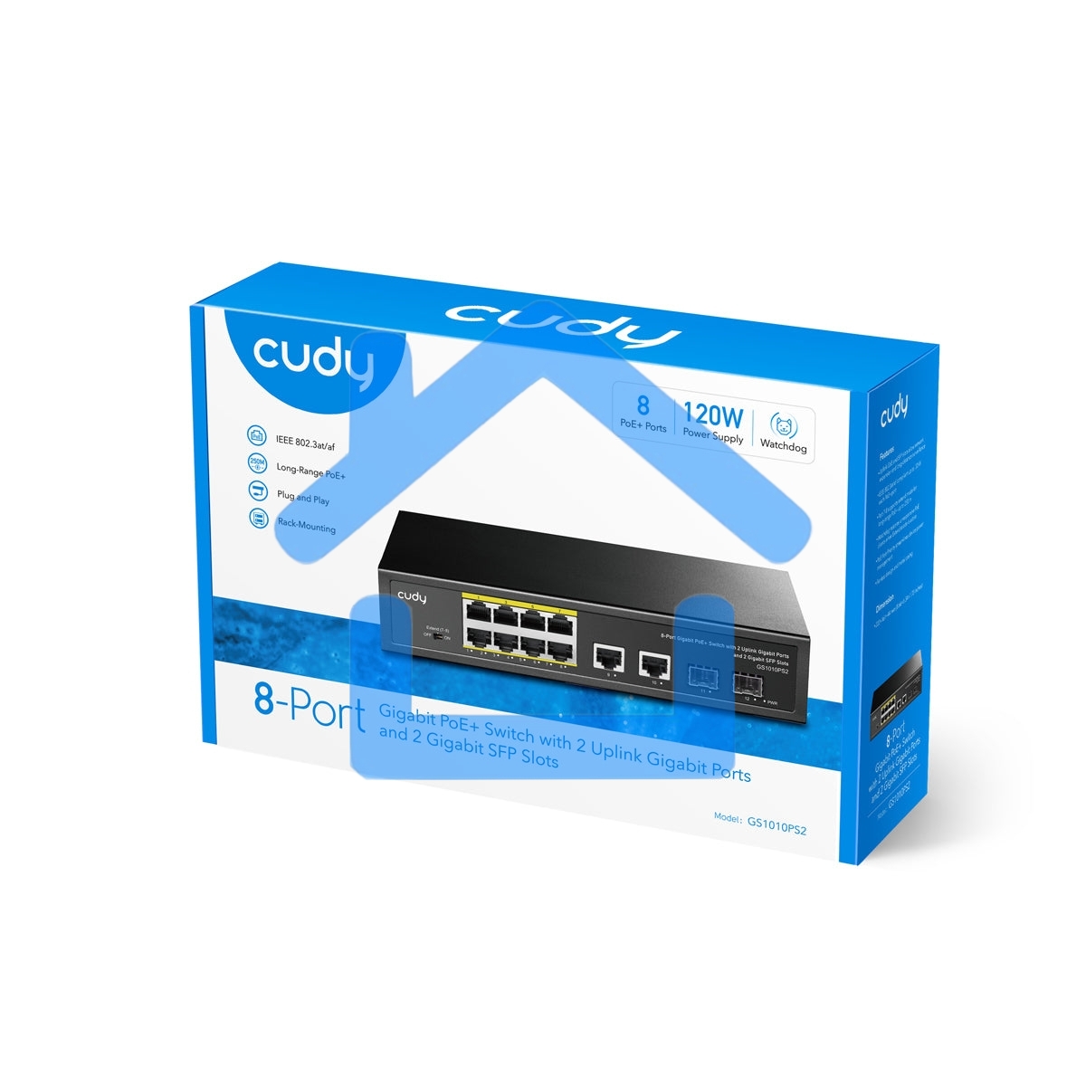 Коммутатор Cudy GS1010PS2, (L2) 10x1Gbит/с 2xКомбо(1000BASE-T/SFP) 2SFP 8PoE 120W, неуправляемый