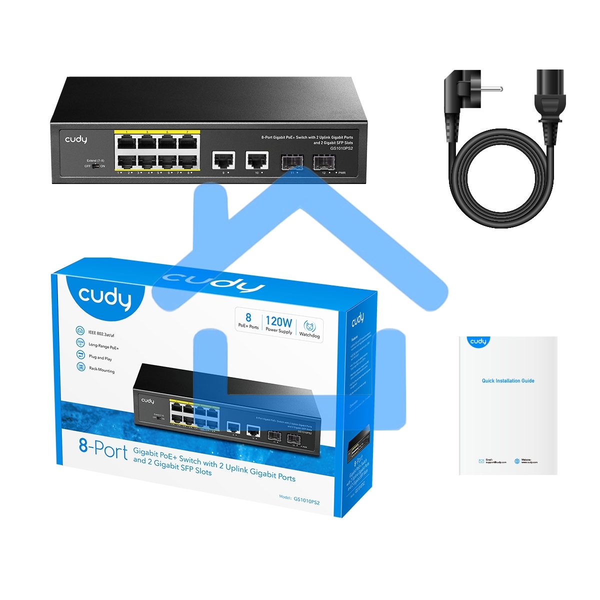 Коммутатор Cudy GS1010PS2, (L2) 10x1Gbит/с 2xКомбо(1000BASE-T/SFP) 2SFP 8PoE 120W, неуправляемый