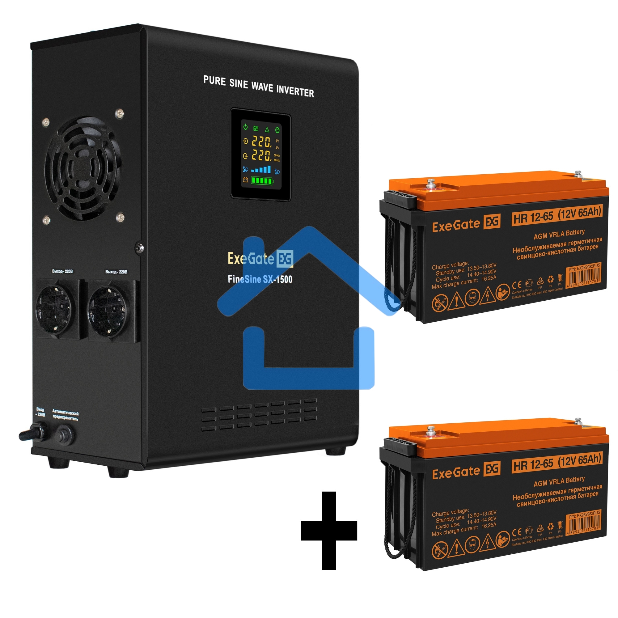 Комплект Источник бесперебойного питания EX295998RUS + батарея 65Aч EX282982RUS 2шт (инвертор, синус, для котла, настенный) ExeGate FineSine SX-1500.LCD.AVR.2SH <1500VA/1050W, чистая синусоида, цветной LCD-дисплей, AVR, 2*Schuko, линейно-интерактивный, кр