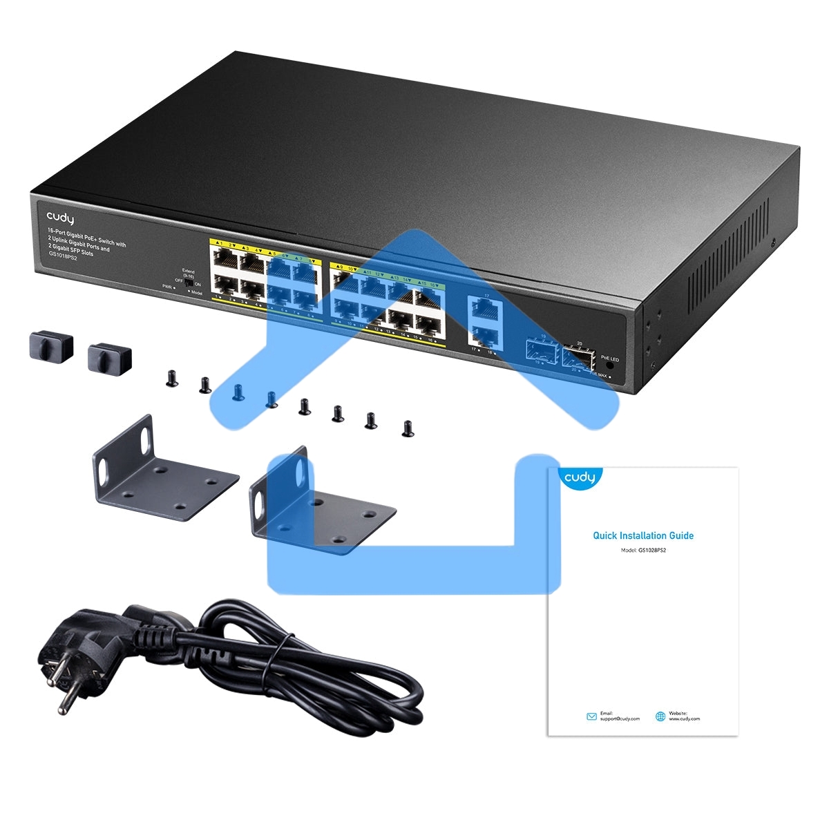 Коммутатор Cudy GS1018PS2 (L2) 18x1Гбит/с 2xКомбо(1000BASE-T/SFP) 2SFP 16PoE 200W неуправляемый