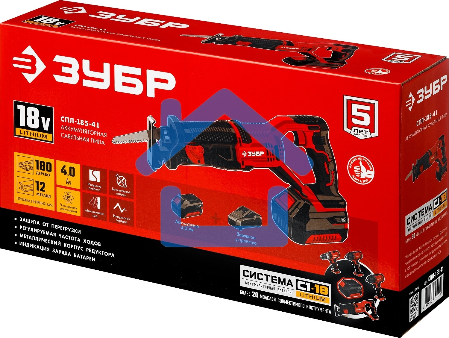 Пила сабельная ЗУБР 18В, 1 АКБ (4А·ч), в коробке, СПЛ-185-41