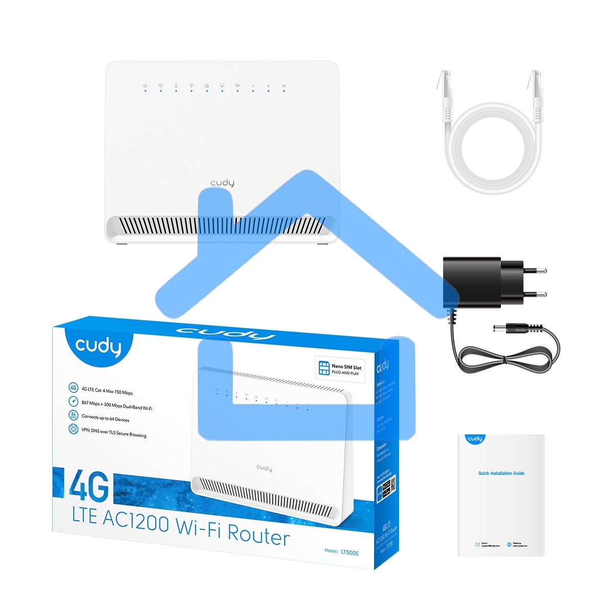 Маршрутизатор AC1200 Wi-Fi 4G LTE Cat.4 Router, AC1200 Wi-Fi, build-in 4G LTE modem, 4 10/100M RJ45 Ports, Nano SIM Slot, 300Mbps at 2.4GHz + 867Mbps at 5GHz, Internal antennas, PPTP/L2TP/OpenVPN/WireGuard VPN, DNS over Cloudflare/Google/Quad9, DDNS, SMS,