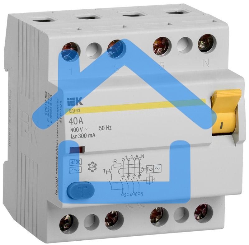 Выключатель дифференциального тока (УЗО) Iek MDV10-4-040-300 УЗО ВД1-63 4Р 40А 300мА ИЭК