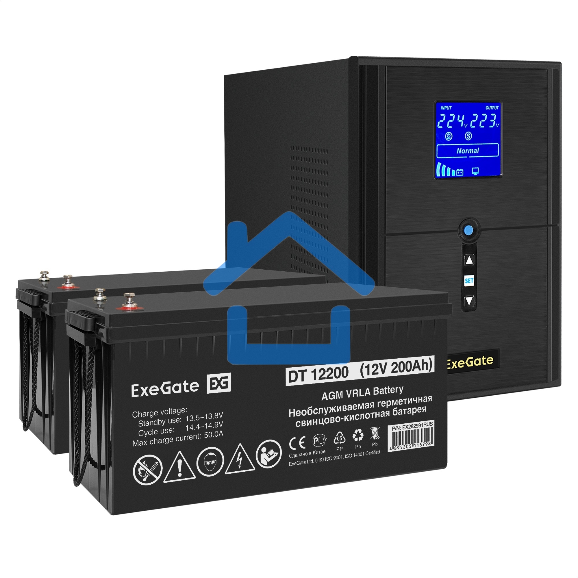 Комплект Источник бесперебойного питания EX295989RUS + батарея 200Aч EX282991RUS 2шт (инвертор, синус, для котла) ExeGate SineTower SZ-2000.LCD.AVR.3SH.1C13.USB <2000VA/1600W, чистый синусоида, LCD дисплей, AVR, 3*Schuko+1*C13, USB, линейно-интерактивный,