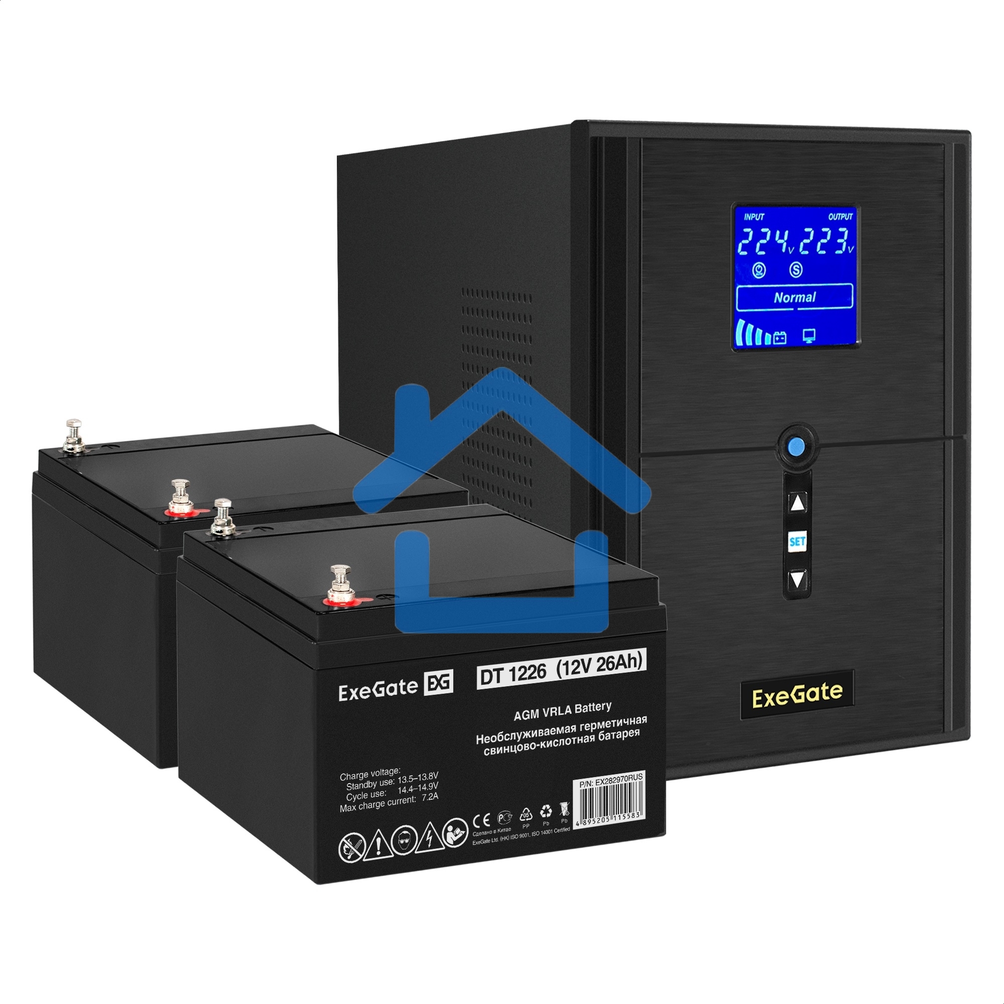 Комплект Источник бесперебойного питания EX295989RUS + батарея 26Aч EX282970RUS 2шт (инвертор, синус, для котла) ExeGate SineTower SZ-2000.LCD.AVR.3SH.1C13.USB <2000VA/1600W, чистый синусоида, LCD дисплей, AVR, 3*Schuko+1*C13, USB, линейно-интерактивный, 
