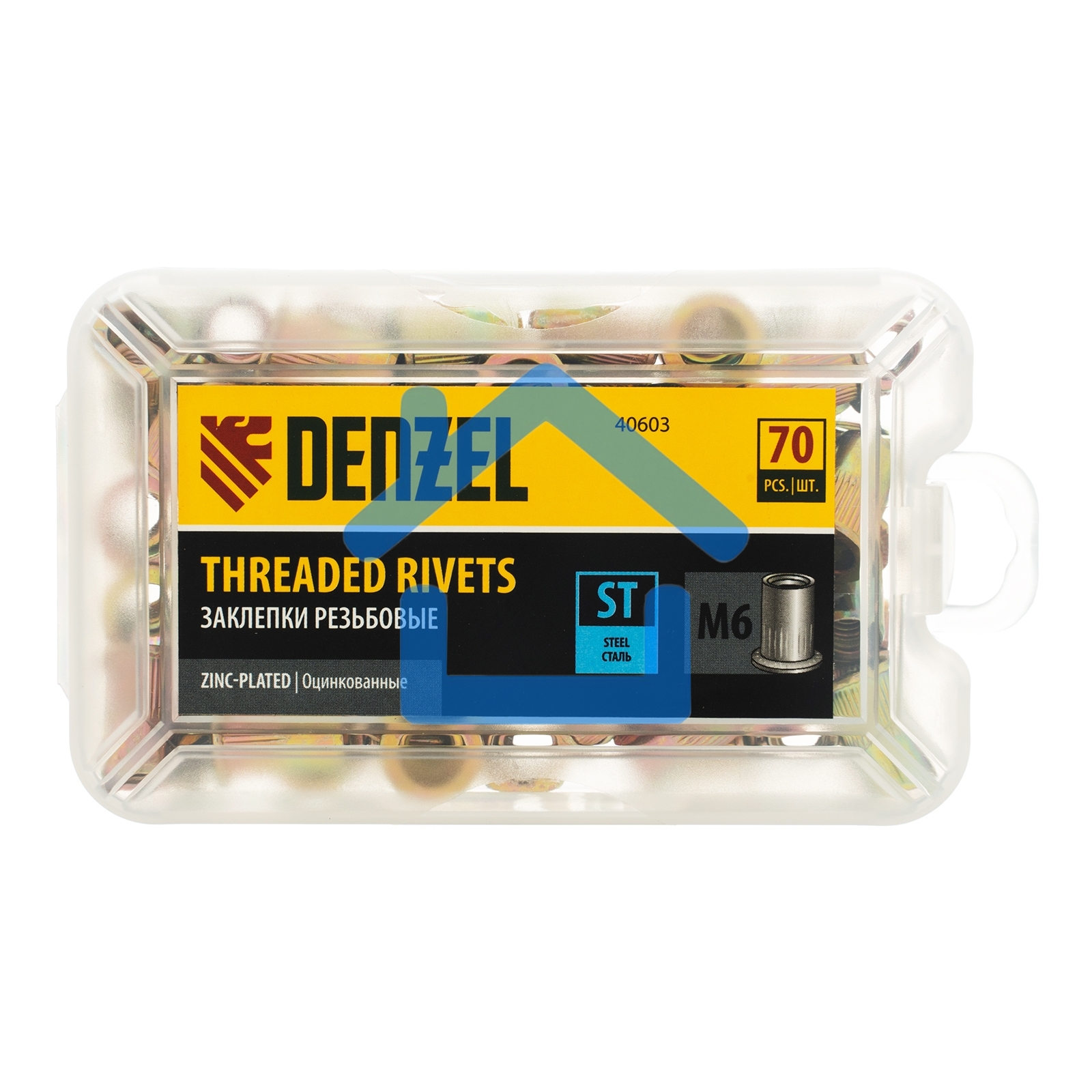 Заклепки резьбовые Denzel стальные, оцинкованные, М6, пластиковый кейс, 70 шт.
