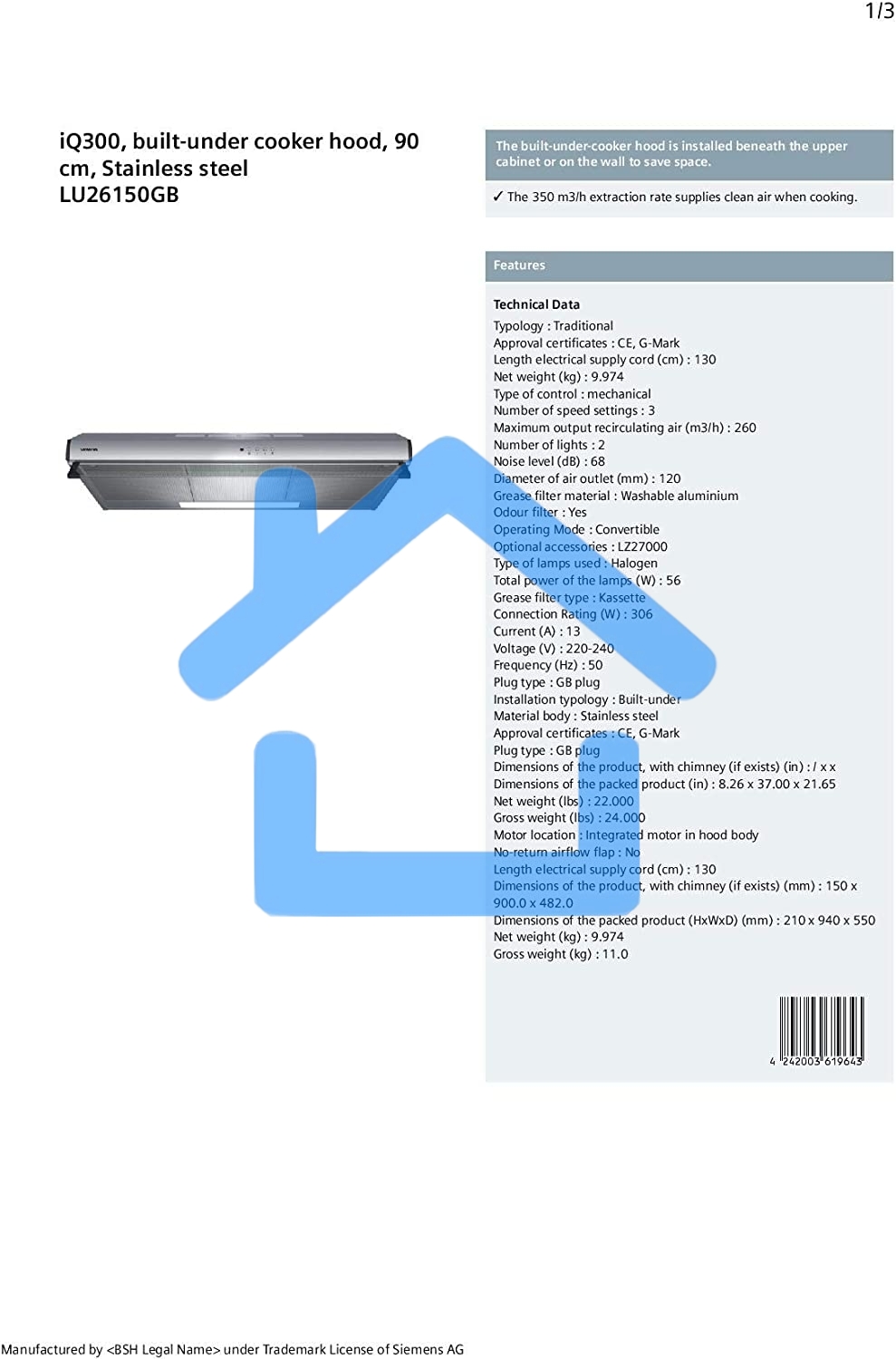 Вытяжка для настенного монтажа Siemens iQ300 LU26150GB нержавеющая сталь, 90 см, 350 куб. м/ч, 70 дБ