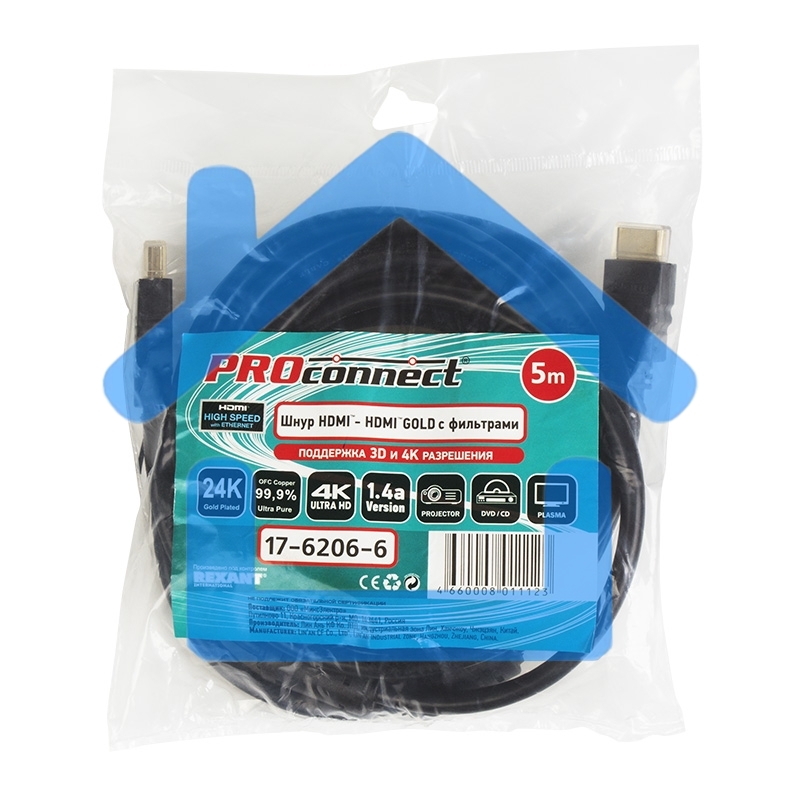 Кабель Proconnect Шнур HDMI - HDMI gold 5М с фильтрами (PE bag)