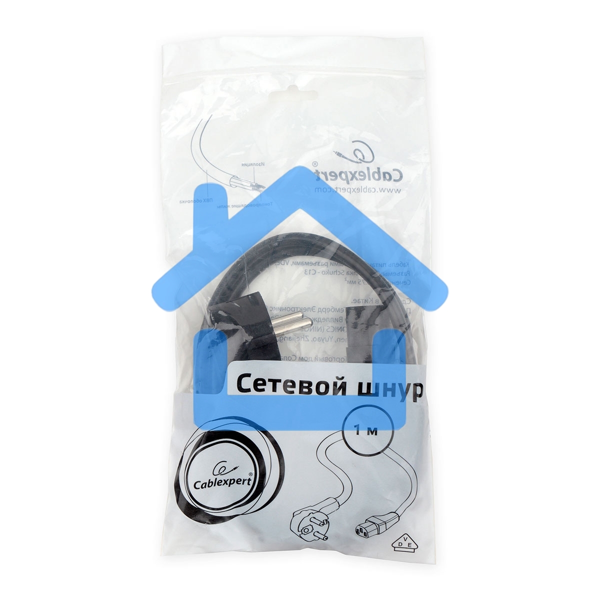 Кабель питания Cablexpert PC-186-VDE-1M, 1м, Schuko- C13, VDE, 10А, черный, с заземлением, пакет