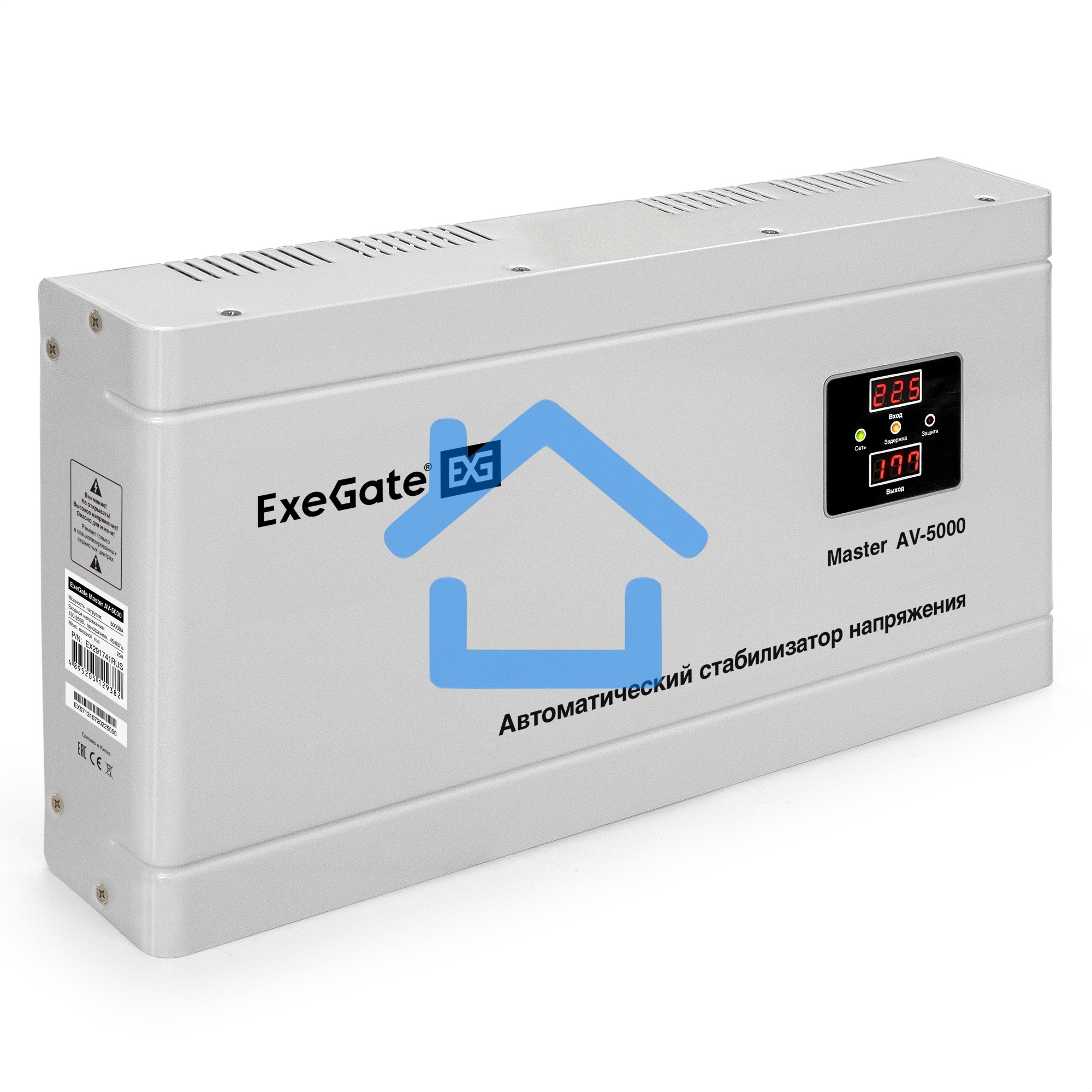 Стабилизатор напряжения ExeGate Master AV-5000 (5000ВА, 140-260В, цифр. индикация вход/вых. напряжения, 220В±8%, КПД 98%, 5 уровней защиты, задержка, метал.корпус, клем.колодка, RTL)