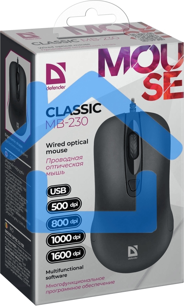 Мышь проводная Defender Classic MB-230 черный, 1600 dpi, USB, кнопки - 4