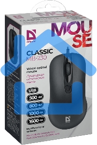 Мышь проводная Defender Classic MB-230 черный, 1600 dpi, USB, кнопки - 4