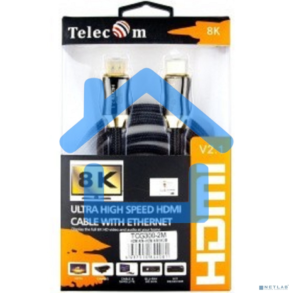 Кабель HDMI 19M/M,ver. 2.1, 8K@60 Hz 2m метал разъемы, нейлоновая оплетка Telecom <TCG300-2M>