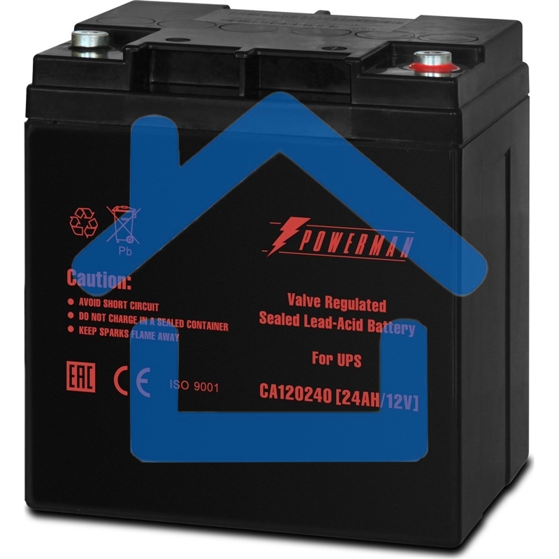 Батарея Powerman Battery CA12240, напряжение 12В, емкость 24Ач, макс. ток разряда 360А, макс. ток заряда 7.2А, свинцово-кислотная типа AGM, тип клемм M1, Д/Ш/В 166/126/174, 8.4 кг. Battery POWERMAN Battery CA12240, voltage 12V, capacity 24Ah, max. dischar