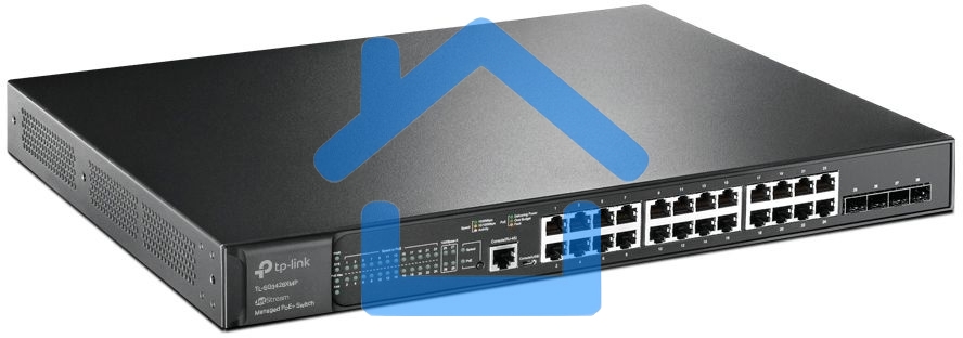 Коммутатор TP-Link 24-port Gigabit Managed PoE switch with 4 10G SFP+ ports, support 802.3af/at PoE, 1 console port, 19-inch rack mount, support L2/L2+ features.