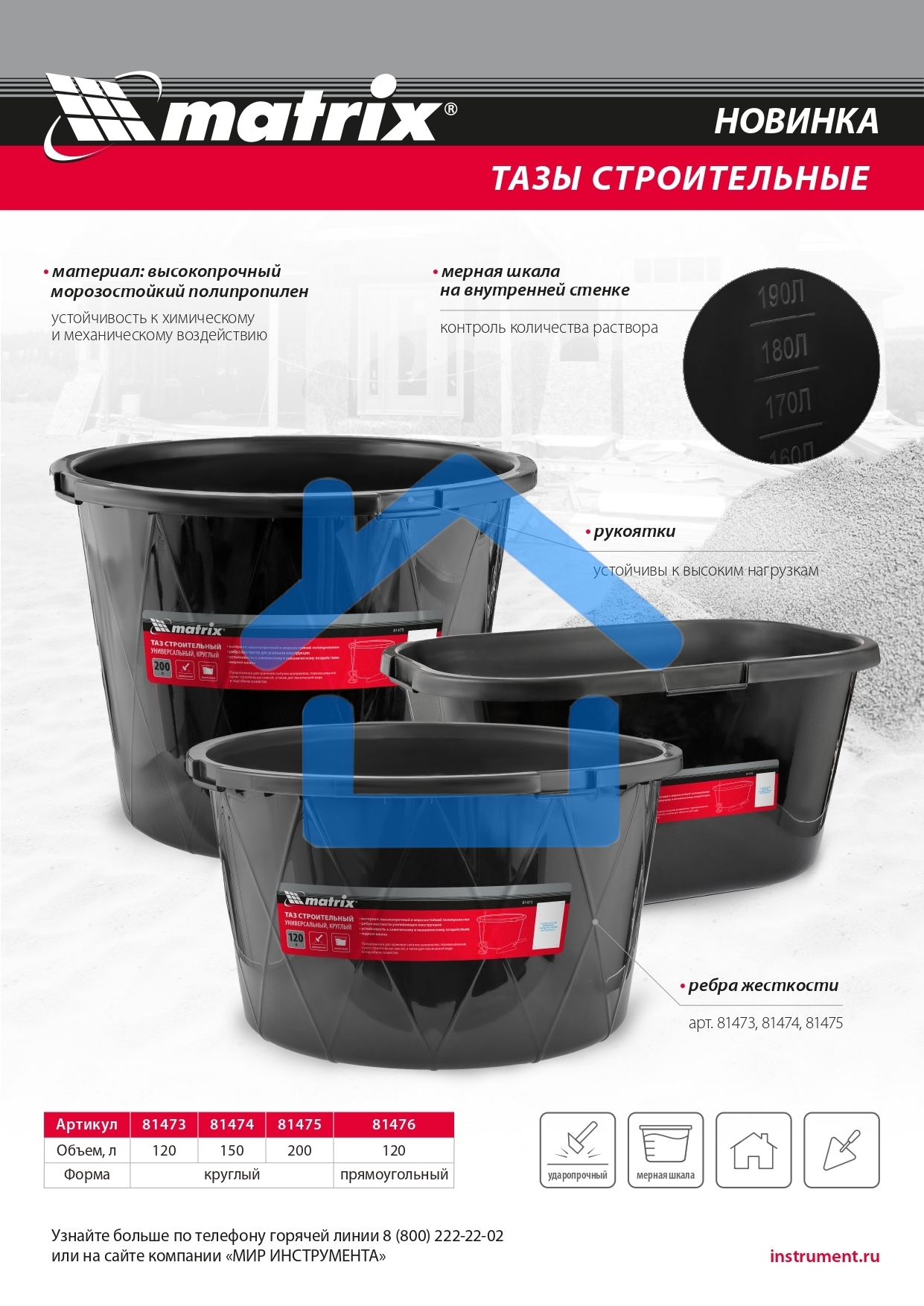 Таз строительный Matrix круглый универсальный, 120л, ударопрочный, с ребрами жесткости 81473