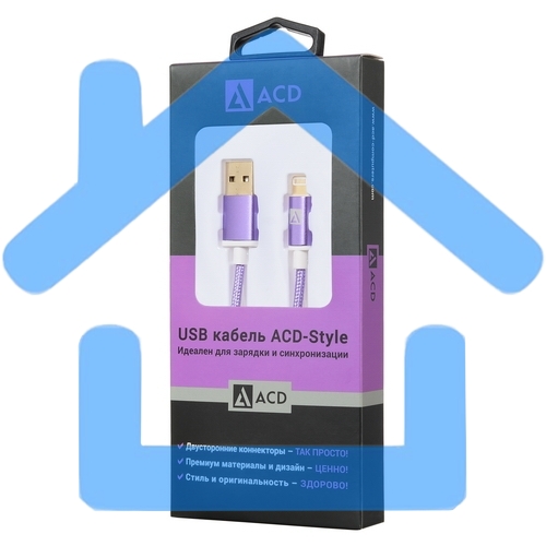 Кабель USB ACD-Style Lightning ~ USB-A 2-сторонние коннекторы, нейлон, 1м, фиолетовый (ACD-U913-P6P)