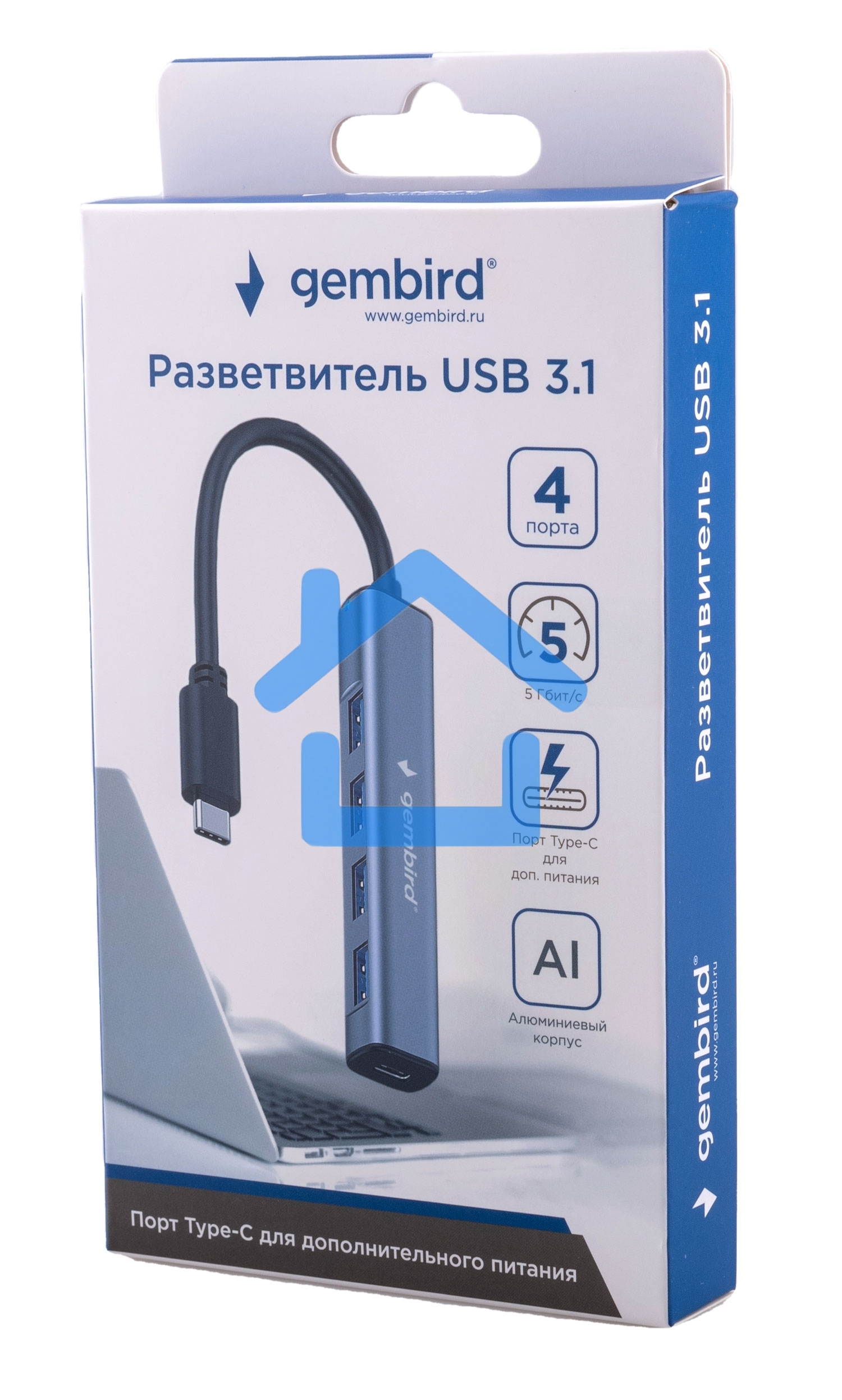 Разветвитель USB3.1 Gembird UHB-C474, 4хUSB, с доп.питанием (порт Type-C), кабель Type-C 19см, алюминий, коробка