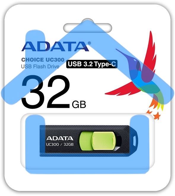 Флешка USB ADATA UC300 (ACHO-UC300-32G-RBK/GN), 32Gb, Type-C USB 3.2, R/W 100/30, черный / зеленый