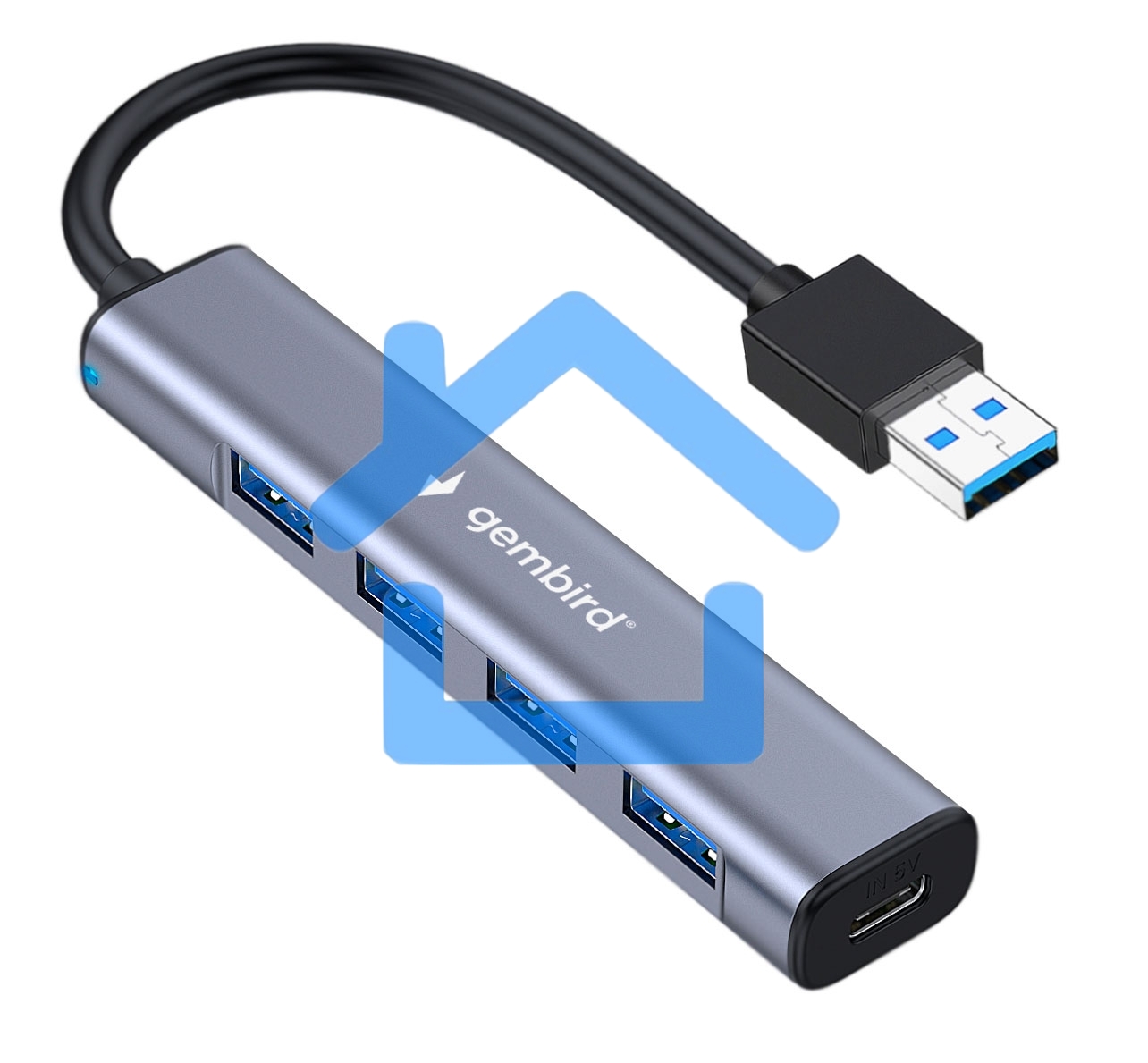 Разветвитель USB3.1 Gembird UHB-C484, 4хUSB, с доп.питанием (порт Type-C), кабель USB 19см, алюминий, коробка