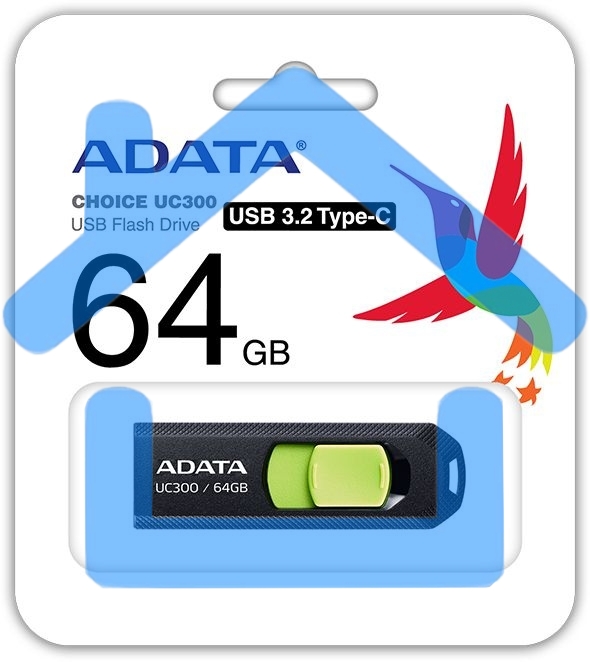 Флешка USB ADATA UC300 (ACHO-UC300-64G-RBK/GN), 64Gb, Type-C USB 3.2, R/W 100/30, черный / зеленый