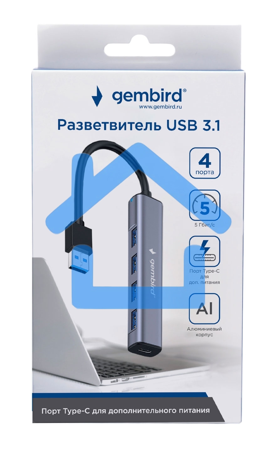 Разветвитель USB3.1 Gembird UHB-C484, 4хUSB, с доп.питанием (порт Type-C), кабель USB 19см, алюминий, коробка