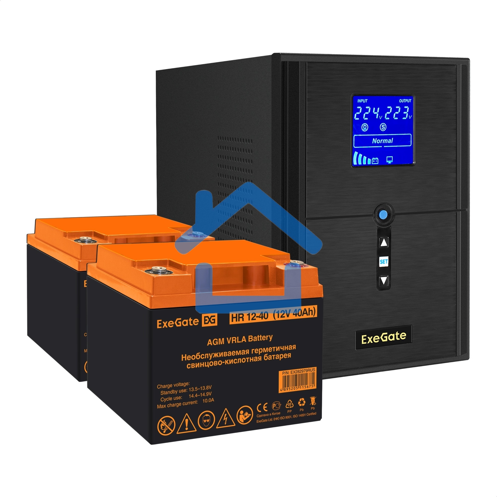 Комплект ИБП EX295989RUS + батарея 40Aч EX282979RUS 2шт (инвертор, синус, для котла) ExeGate SineTower SZ-2000.LCD.AVR.3SH.1C13.USB <2000VA/1600W, чистый синусоида, LCD дисплей, AVR, 3*Schuko+1*C13, USB, линейно-интерактивный, черный> + батарея ExeGate HR