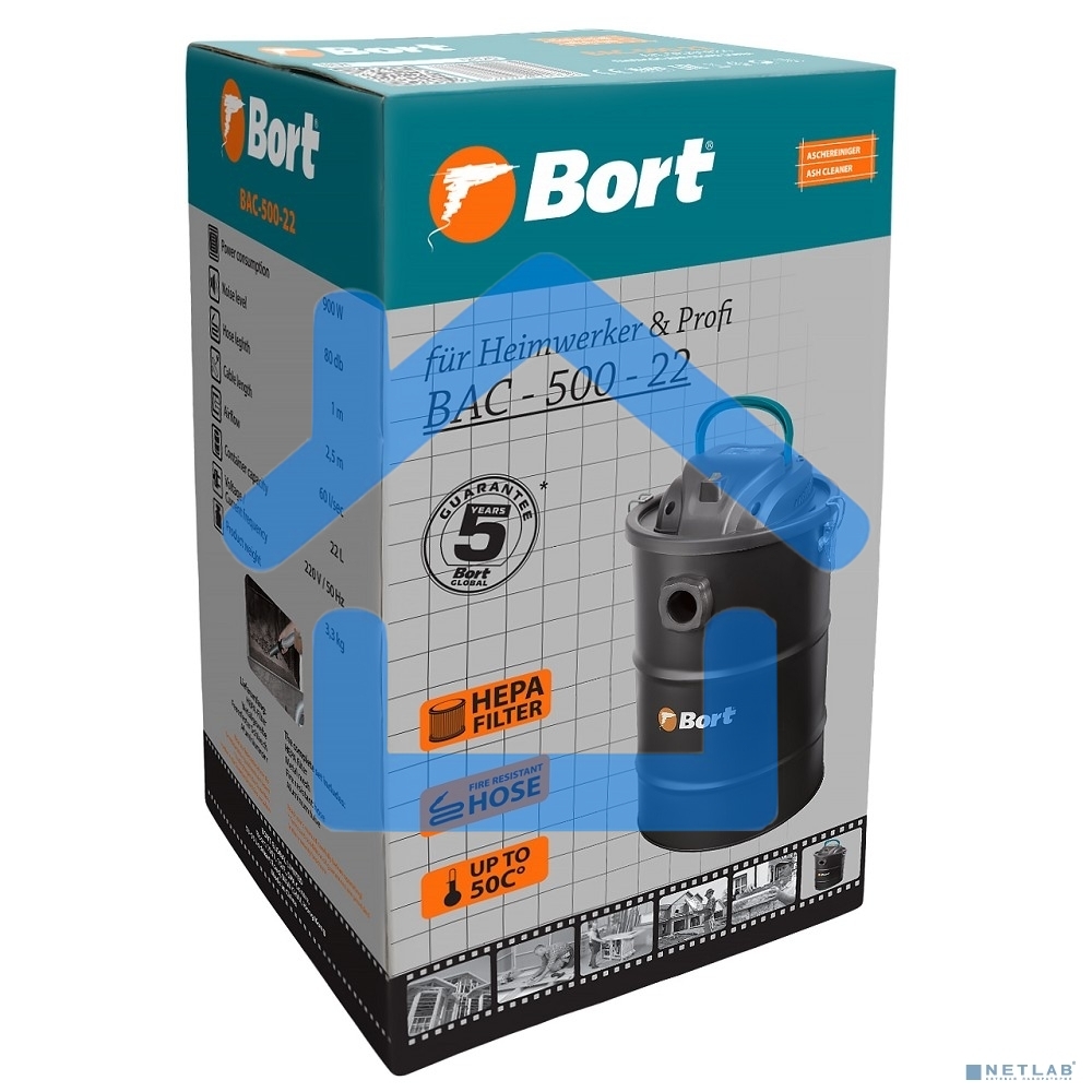 Пылесос для сбора золы Bort BAC-500-22 (98291834) черный, 900 Вт, уборка сухая/ влажная, пылесборник контейнер, 22 л
