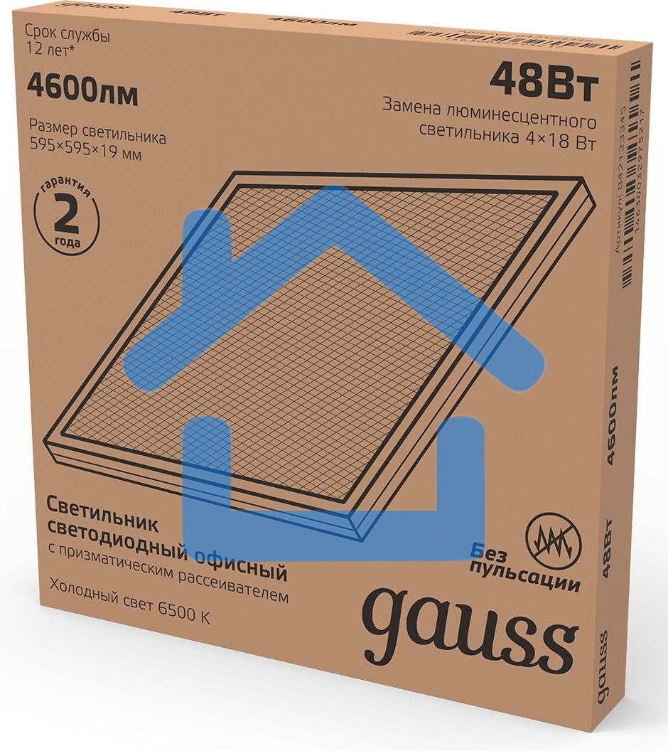 Светильник светодиодный Gauss IP20 595х595х19мм 48W 4250lm 6500K призма LED 1/4