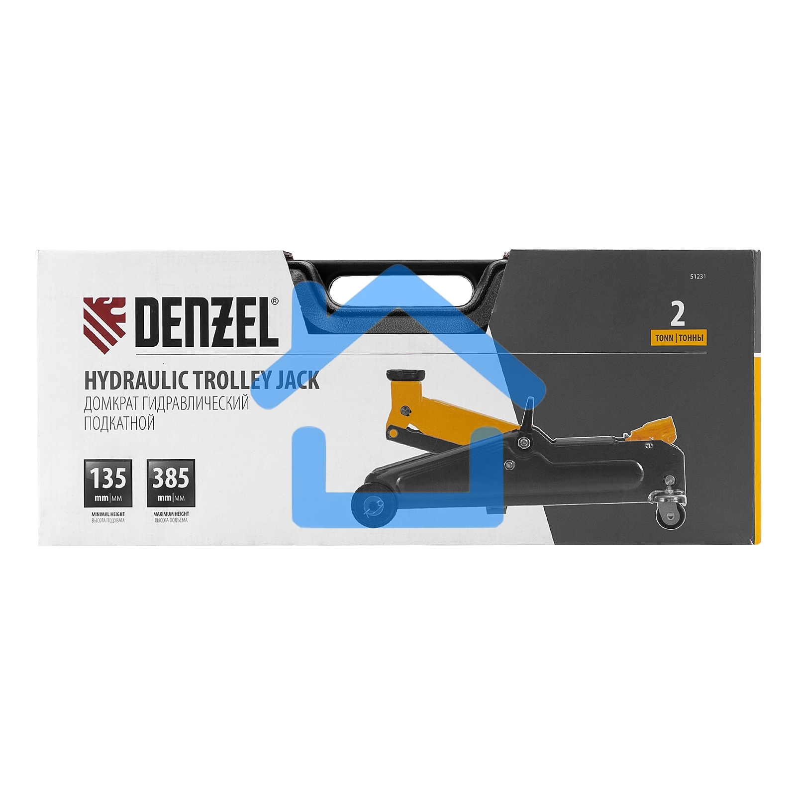 Домкрат гидравлический подкатной Denzel 2т, 135-385 мм, в пласт. кейсе 51231