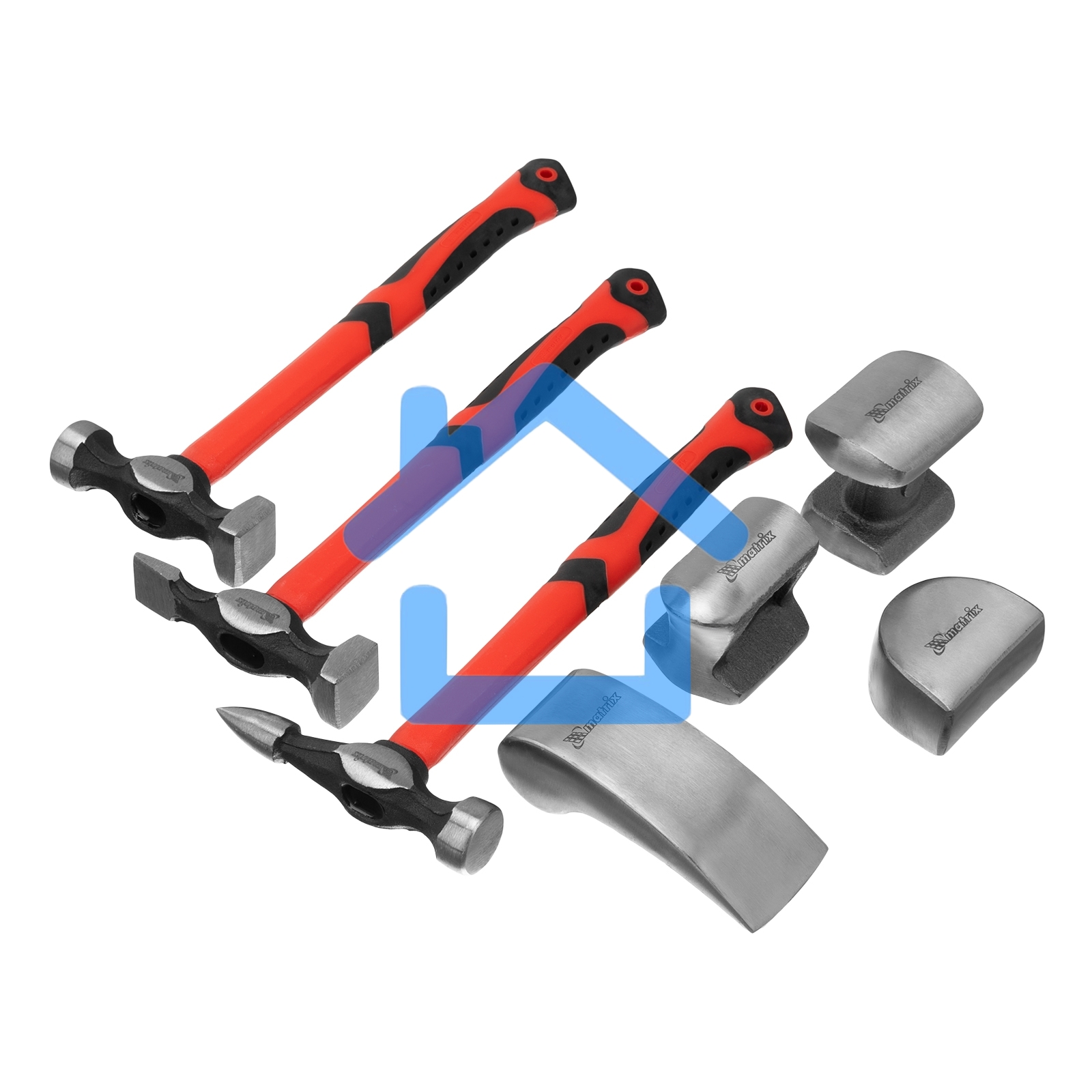 Набор рихтовочный Matrix, 3 молотка с фибергласовыми ручками, 4 наковальни, в пласт. боксе