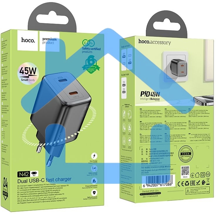 Сетевое зарядное устройство Hoco N42 Elogiado 45W 3A+2.25A (PD+QC+AFC) 2xUSB type-C универсальное черный
