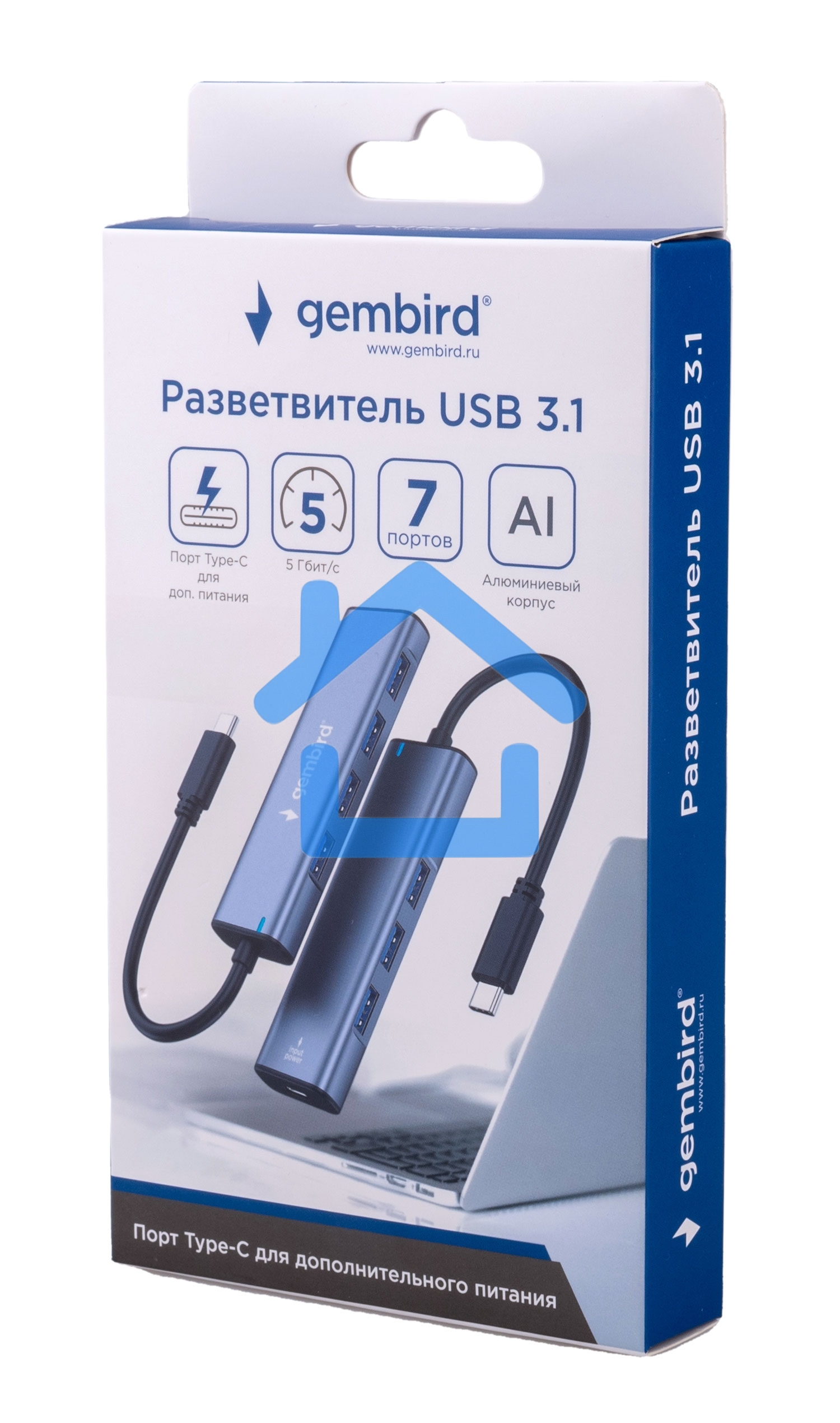 Разветвитель USB3.1 Gembird UHB-U3P7-02, 7хUSB, с доп.питанием (порт Type-C), OTG, кабель Type-C 19см, алюминий, коробка