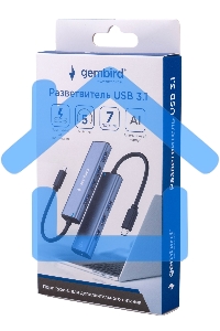 Разветвитель USB3.1 Gembird UHB-U3P7-02, 7хUSB, с доп.питанием (порт Type-C), OTG, кабель Type-C 19см, алюминий, коробка