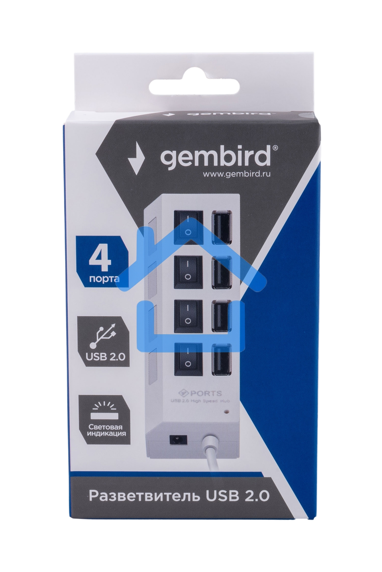 Разветвитель USB2.0 Gembird UHB-243-ADW, 4хUSB, с доп. питанием, подсветка и выключатели, кабель USB 55см, белый, коробка