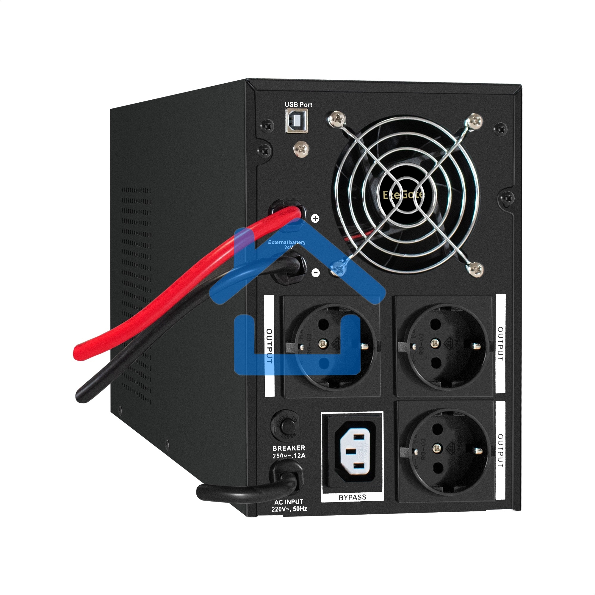 Комплект ИБП EX295989RUS + батарея 55Aч EX285667RUS 2шт (инвертор, синус, для котла) ExeGate SineTower SZ-2000.LCD.AVR.3SH.1C13.USB <2000VA/1600W, чистый синусоида, LCD дисплей, AVR, 3*Schuko+1*C13, USB, линейно-интерактивный, черный> + батарея ExeGate DT
