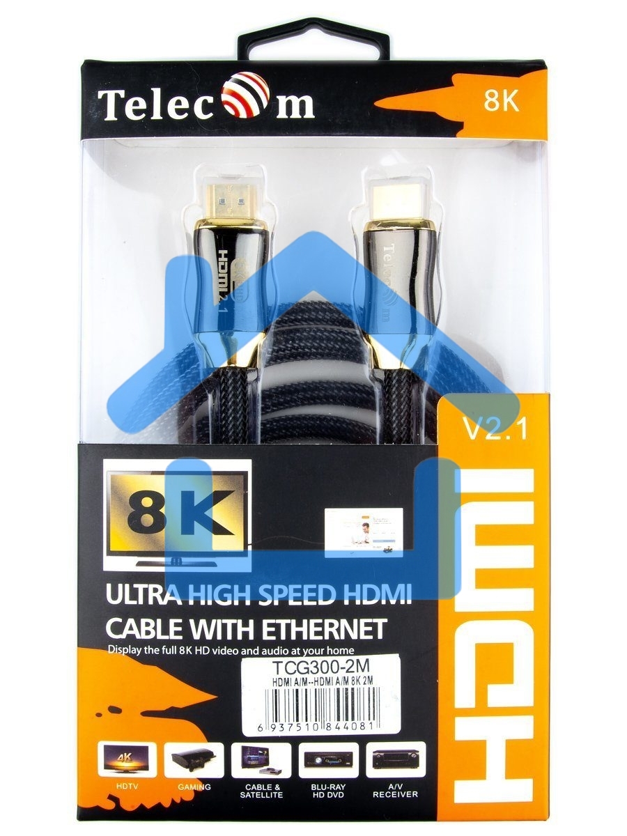 Кабель HDMI 19M/M,ver. 2.1, 8K@60 Hz 2m метал разъемы, нейлоновая оплетка Telecom <TCG300-2M>