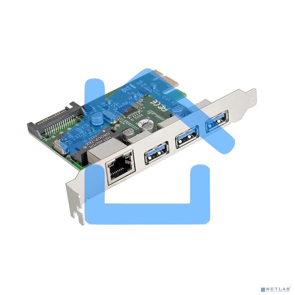 Контроллер сетевой ExeGate EXE-361 PCI-E 2.0, 3*USB 3.0 ext + LAN UTP 1000Mbps, раз.доп.пит.OEM)