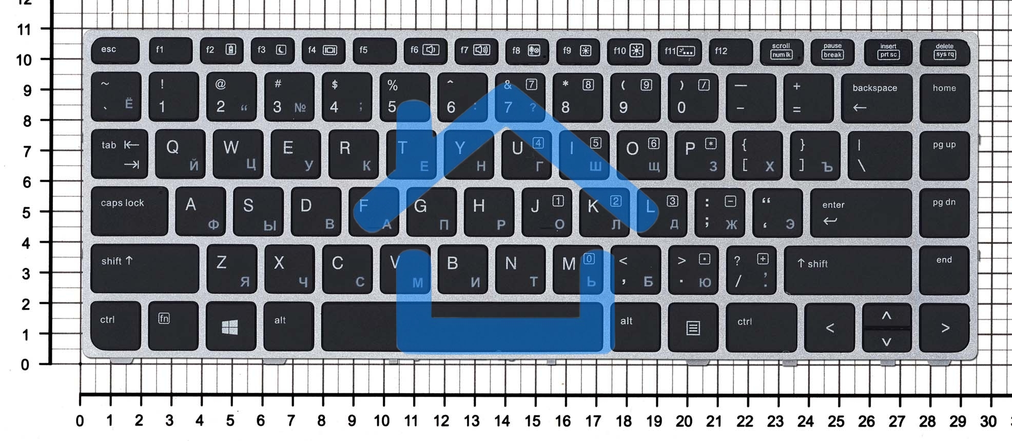 Клавиатура для ноутбука HP EliteBook Folio 9470M черная с серебристой рамкой без указателя