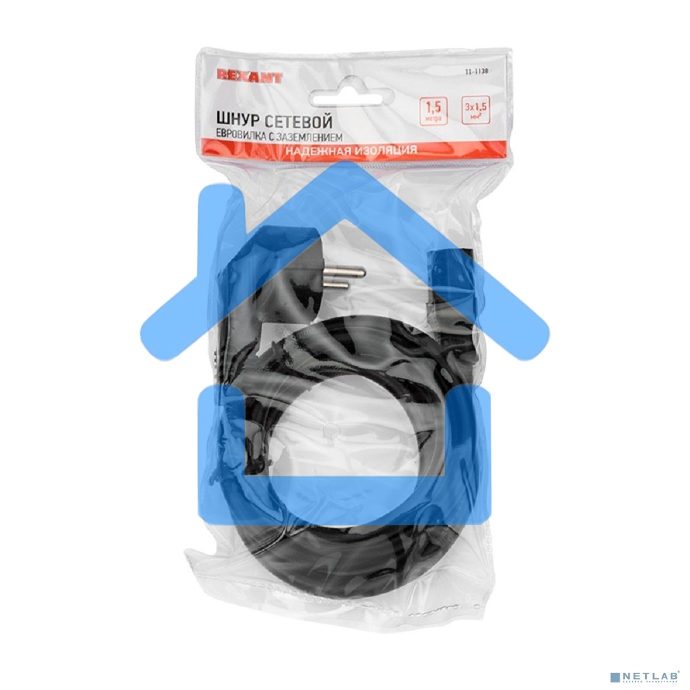 Шнур сетевой, евровилка угловая - евроразъем С13, кабель 3x1,5 мм², длина 1,5 метра, черный (PVC пакет) Rexant