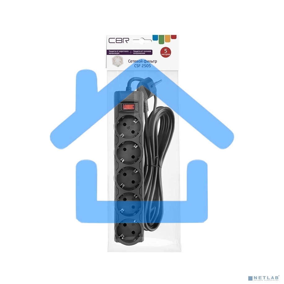 Сетевой фильтр CBR CSF 2505-5.0 Black PC, 5 евророзеток, длина кабеля 5 метров, черный (пакет)