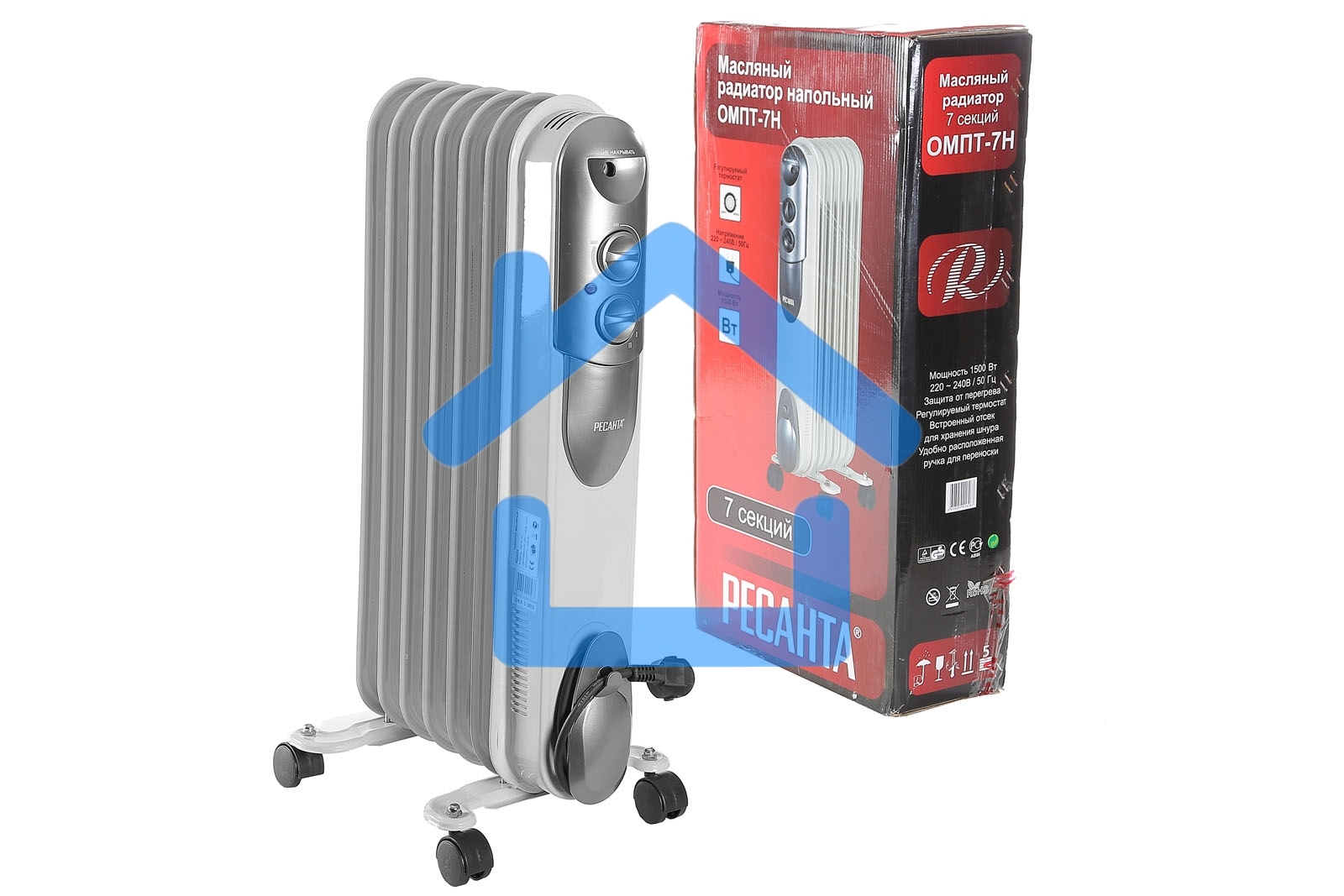 Обогреватель масляный Ресанта ОМПТ-7Н (7 секций) белый, 1500 Вт, 15 м2, термостат 67/3/3