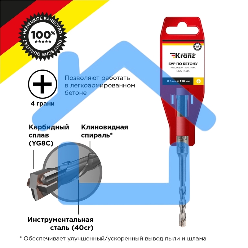 Бур по бетону 6x110x50 мм крестовая пластина SDS PLUS Kranz
