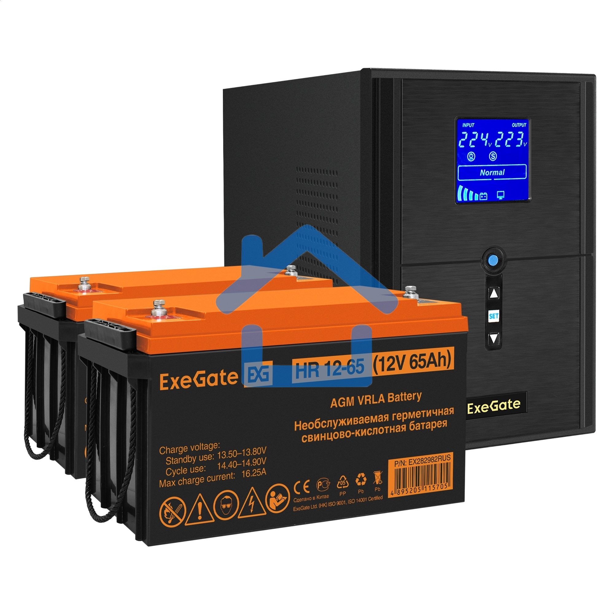 Комплект Источник бесперебойного питания EX295989RUS + батарея 65Aч EX282982RUS 2шт (инвертор, синус, для котла) ExeGate SineTower SZ-2000.LCD.AVR.3SH.1C13.USB <2000VA/1600W, чистый синусоида, LCD дисплей, AVR, 3*Schuko+1*C13, USB, линейно-интерактивный, 