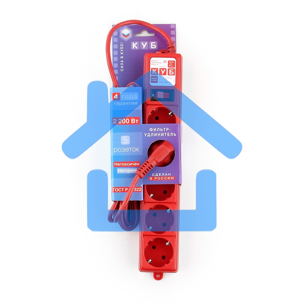 Фильтр-удл. Power Cube PC 3м 5р, красн. 10А/2,2кВт