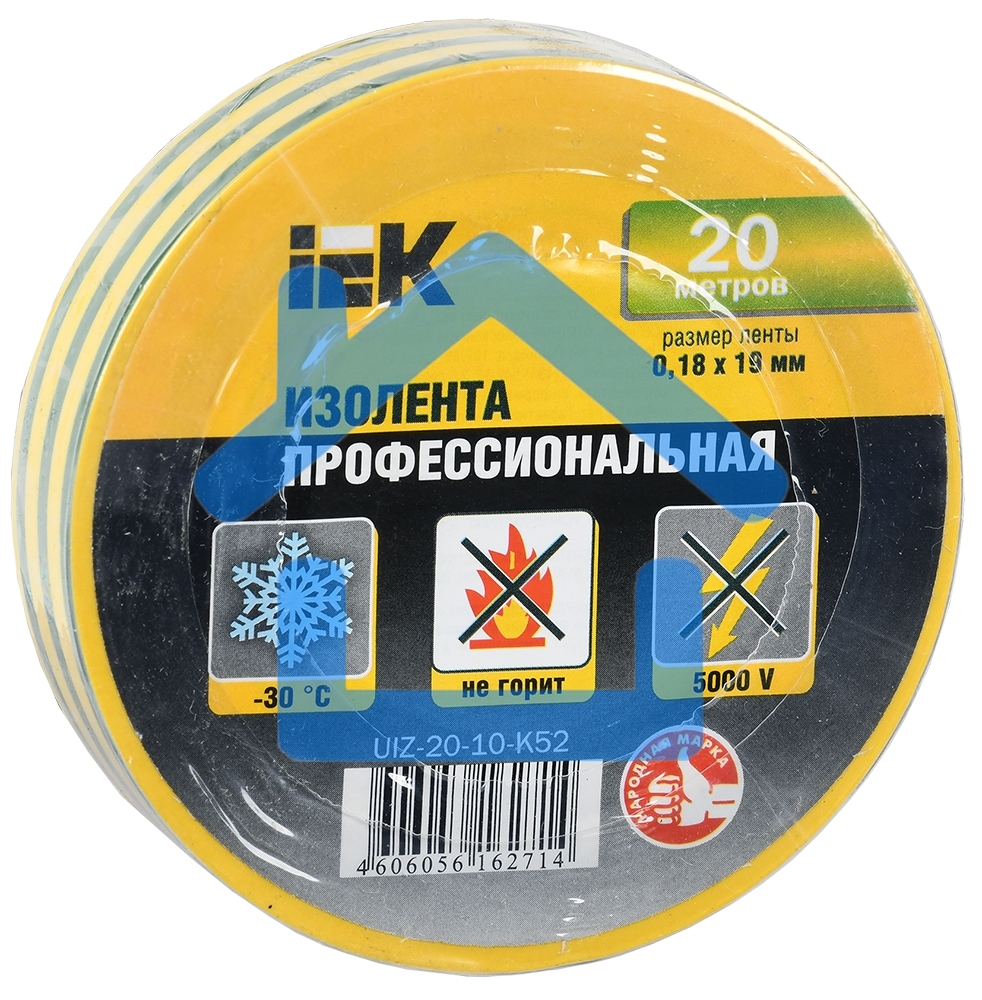 Изолента Iek UIZ-20-10-K52 0,18х19 мм желто-зеленая 20 метров ИЭК