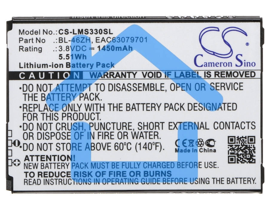 Аккумулятор CameronSinoCS-LMS330SL BL-46ZH для LG AS330, AS3753.8V / 1450mAh / 5.51Wh