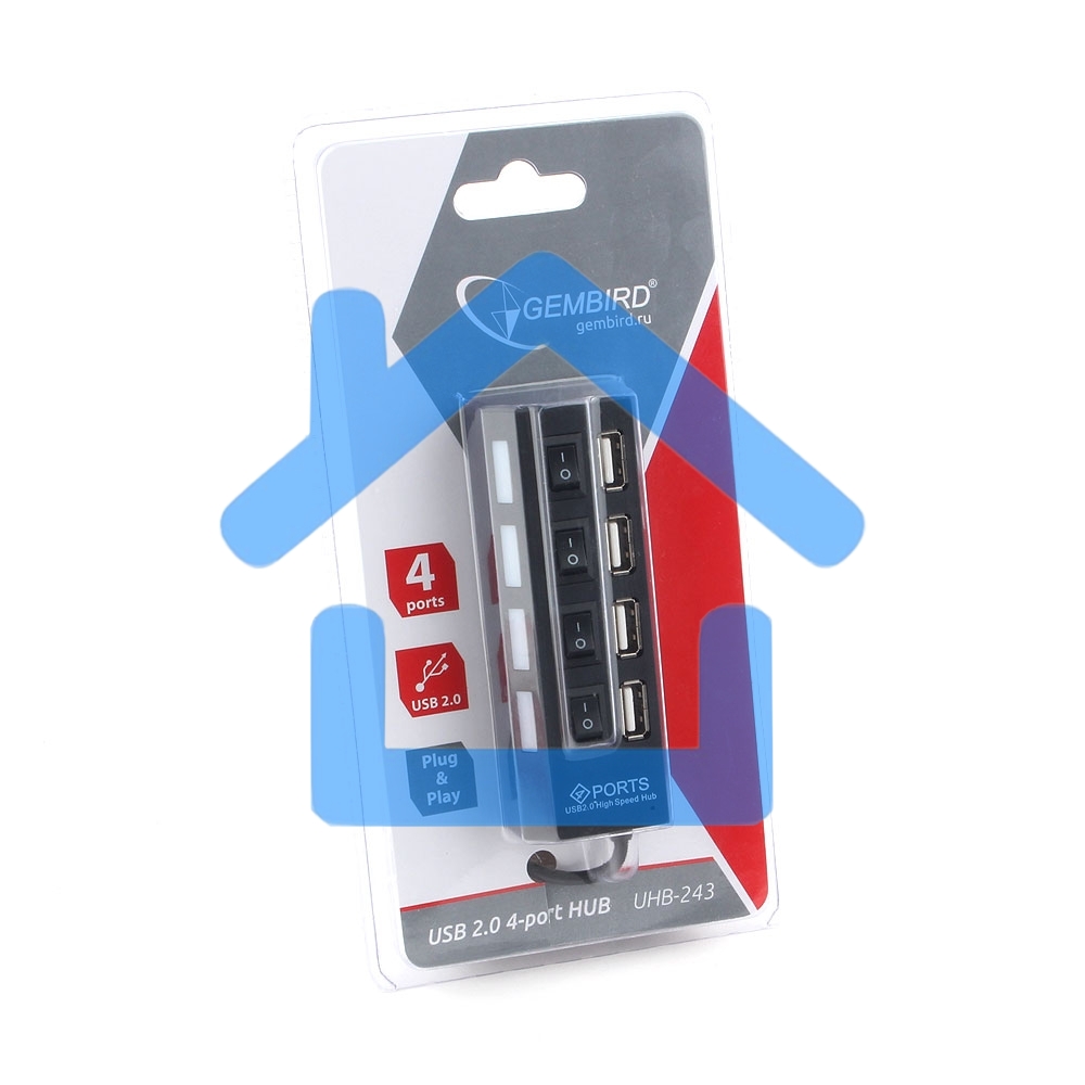 Концентратор USB 2.0 Gembird UHB-243-AD с подсветкой и выключателем, 4 порта, блистер
