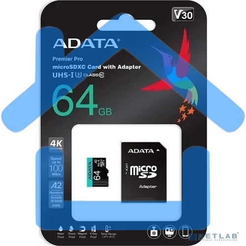 Карта памяти MICROSDXC UHS-I U3 V30S A2 100/75 MB/s 64Gb RETAIL W/1 ADAPTER